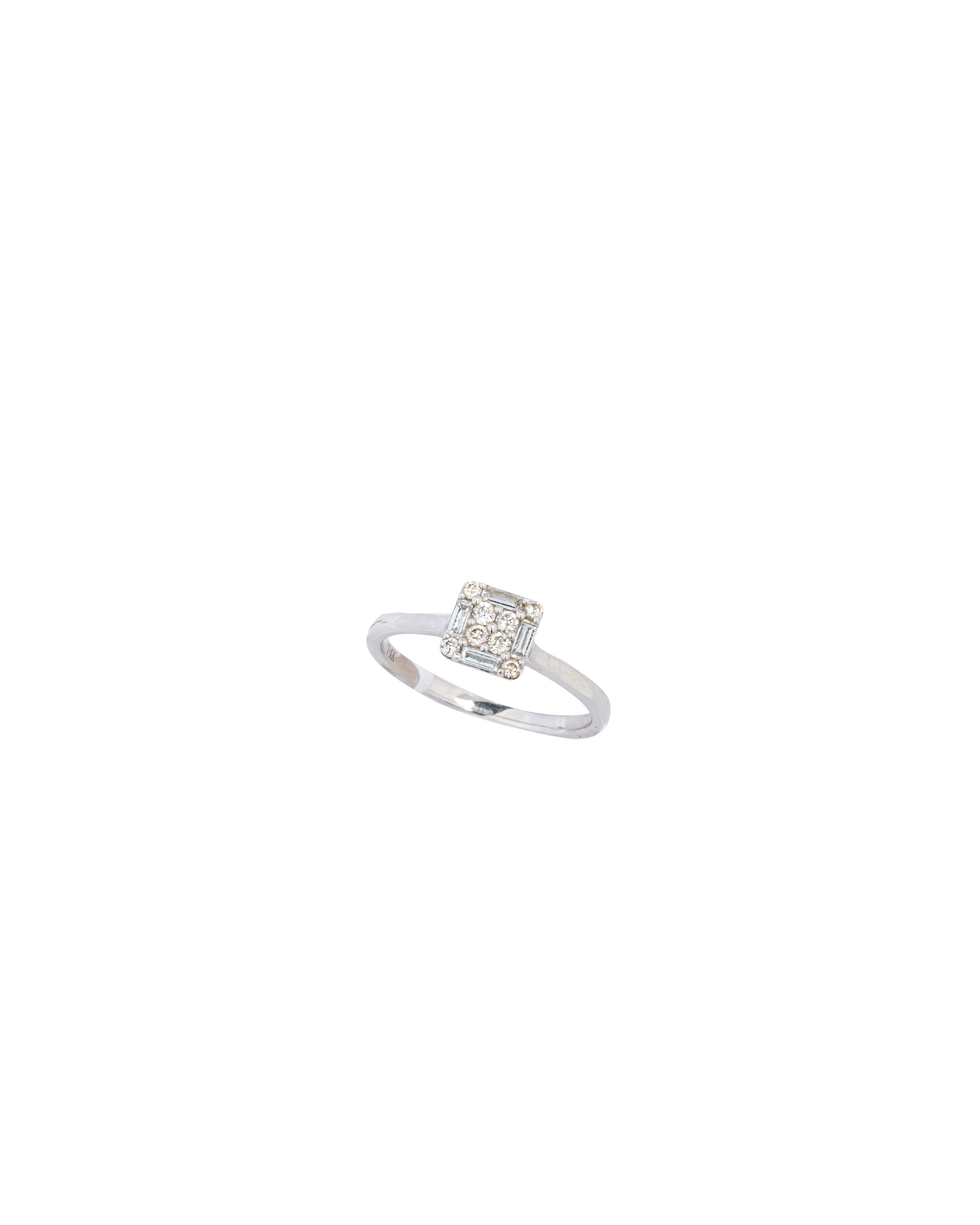 Silver ring with small diamonds on a white background