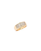 Gold ring with embedded diamonds on a white background