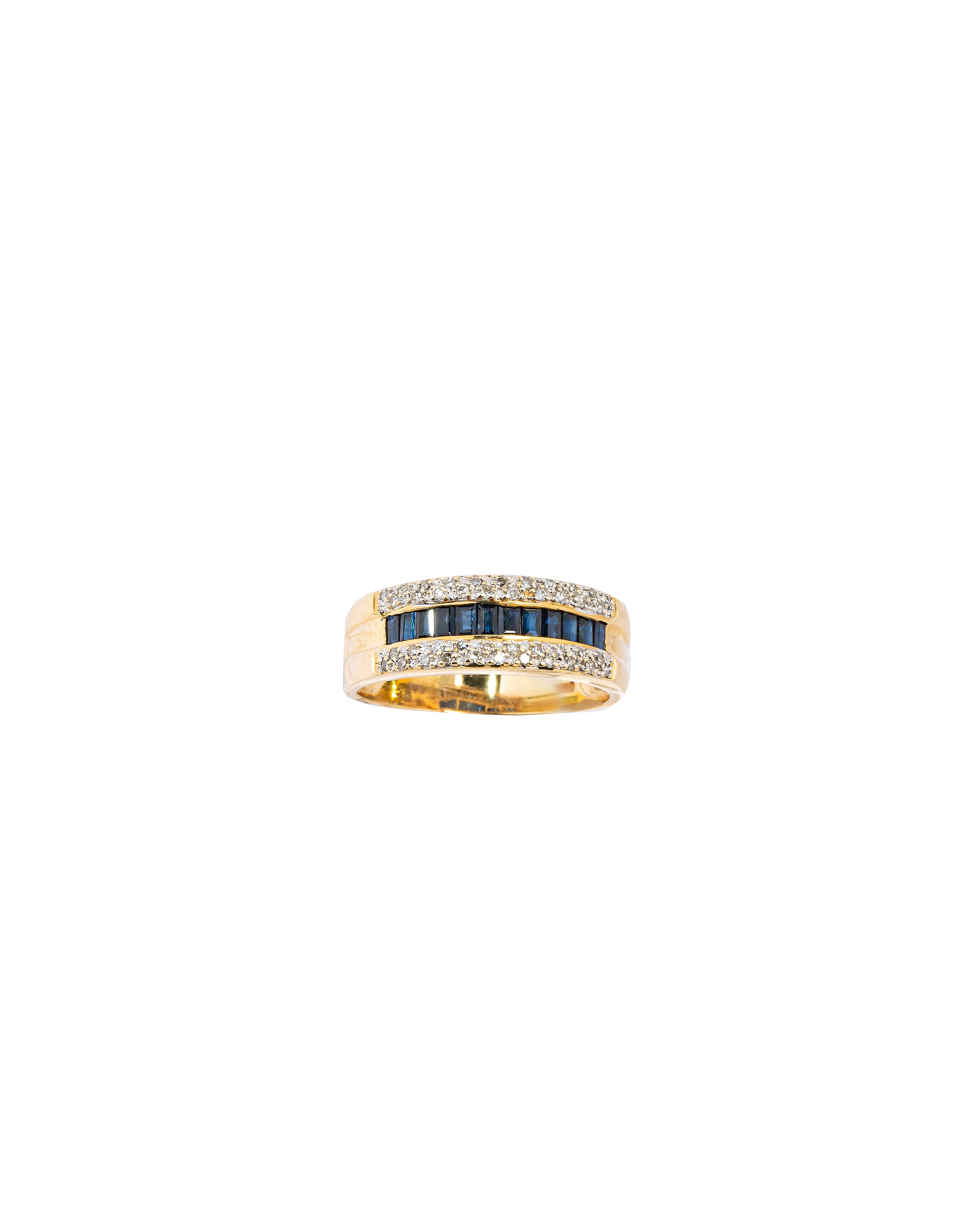 Gold ring with embedded blue stones on a white background