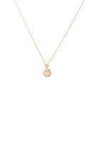 Gold necklace with a small round pendant on a white background