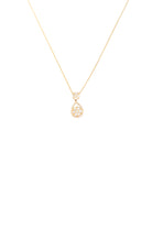 Gold necklace with a teardrop-shaped pendant on a white background