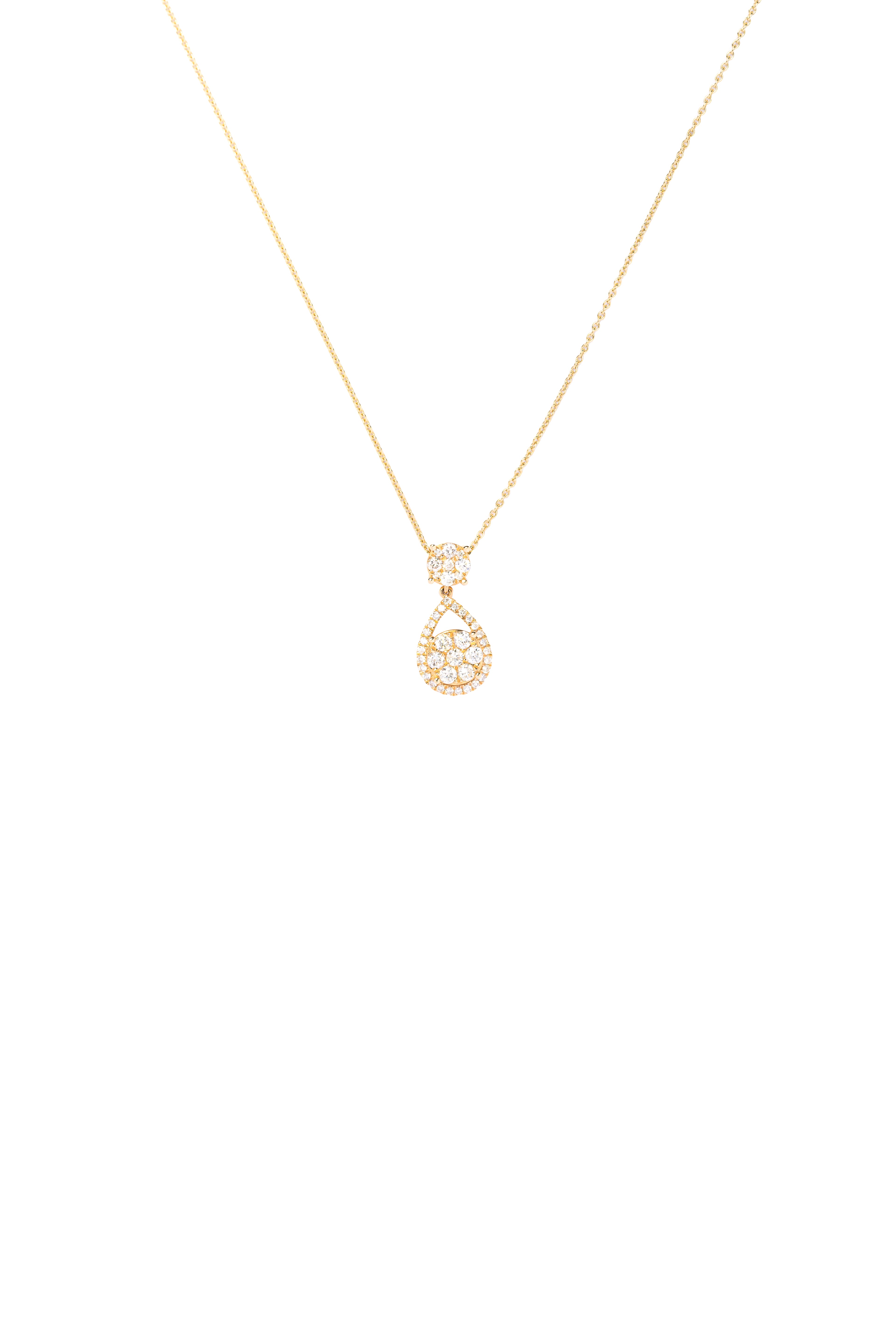 Gold necklace with a teardrop-shaped pendant on a white background
