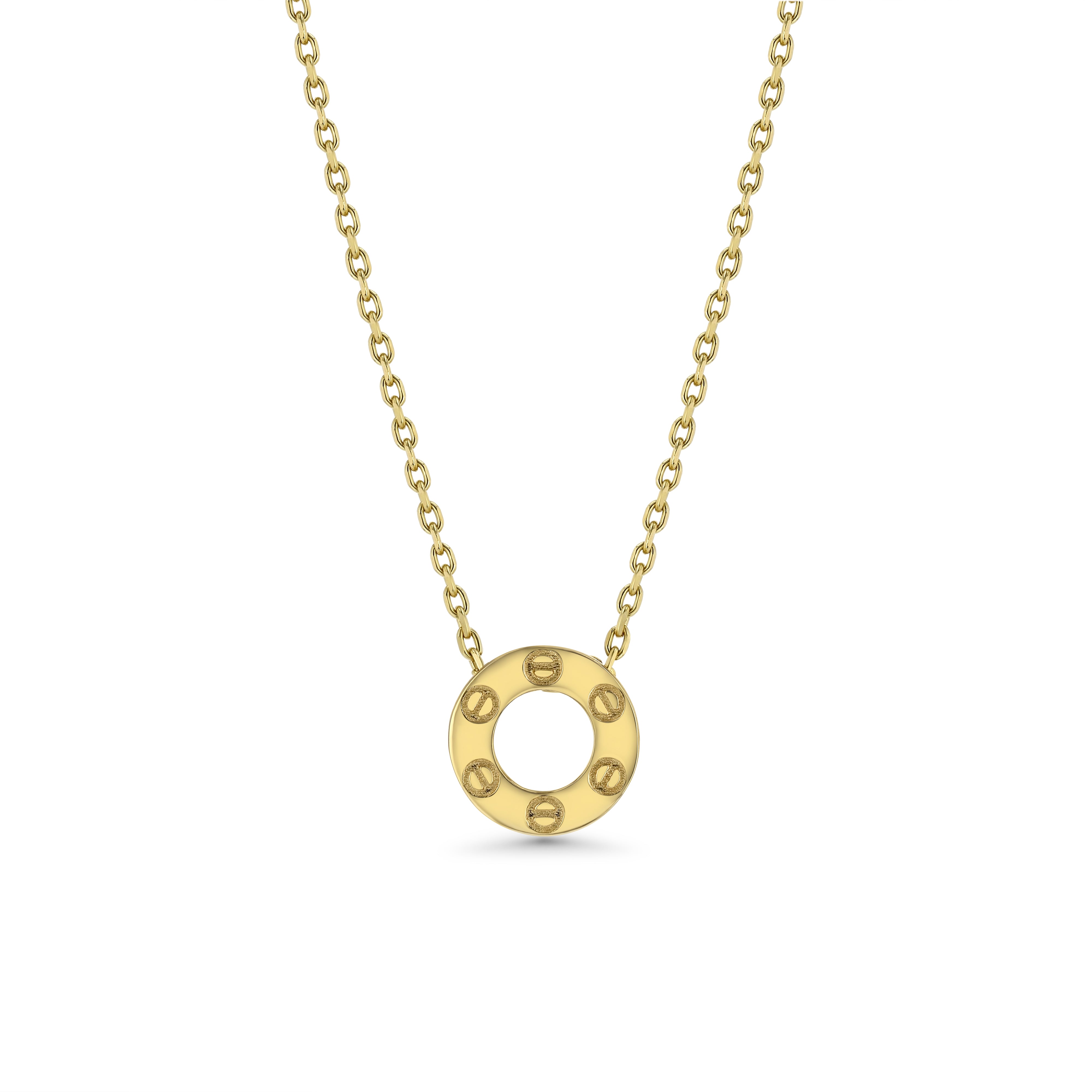 Gold necklace with a round pendant on a white background
