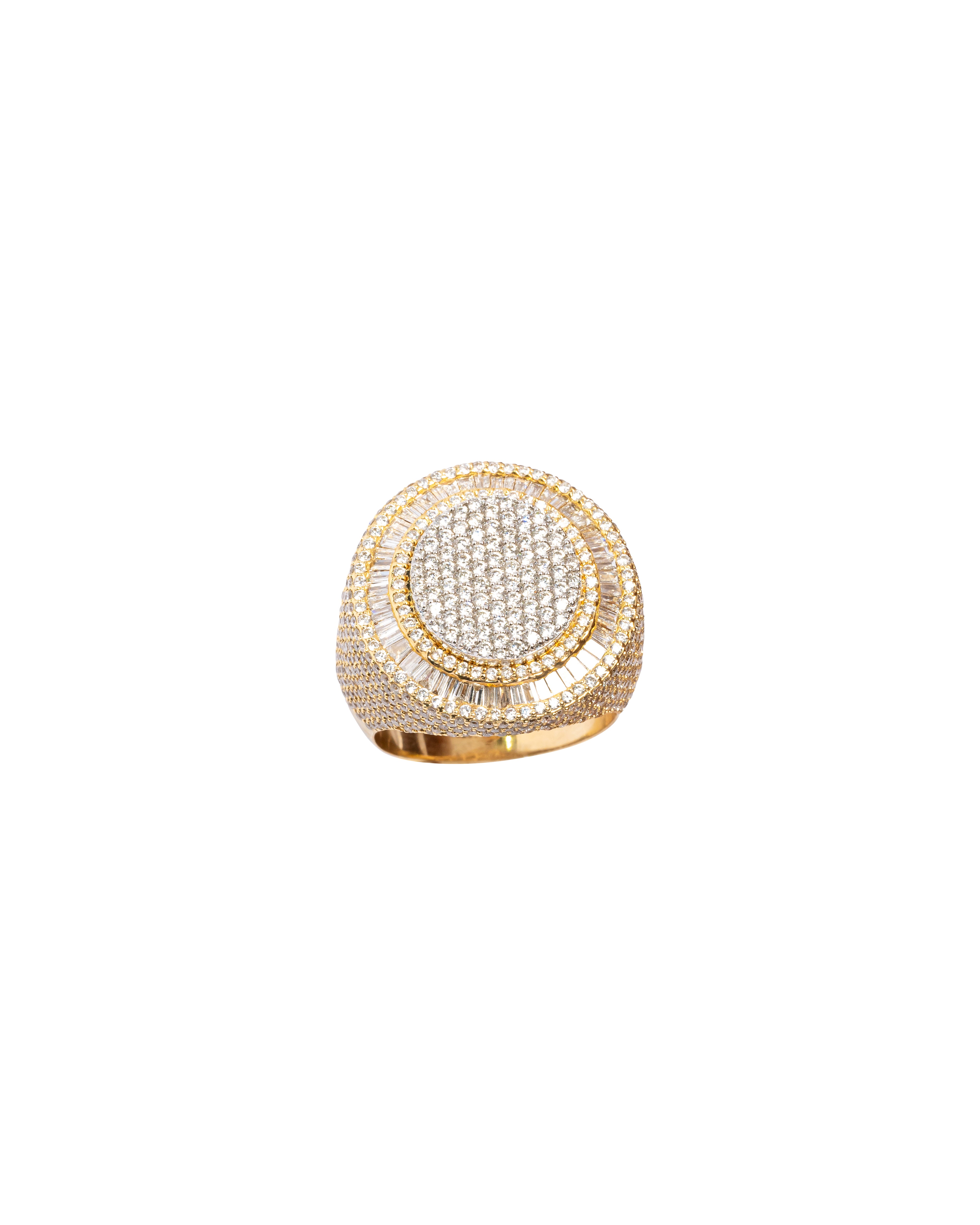 Gold ring with clear gemstones on a white background