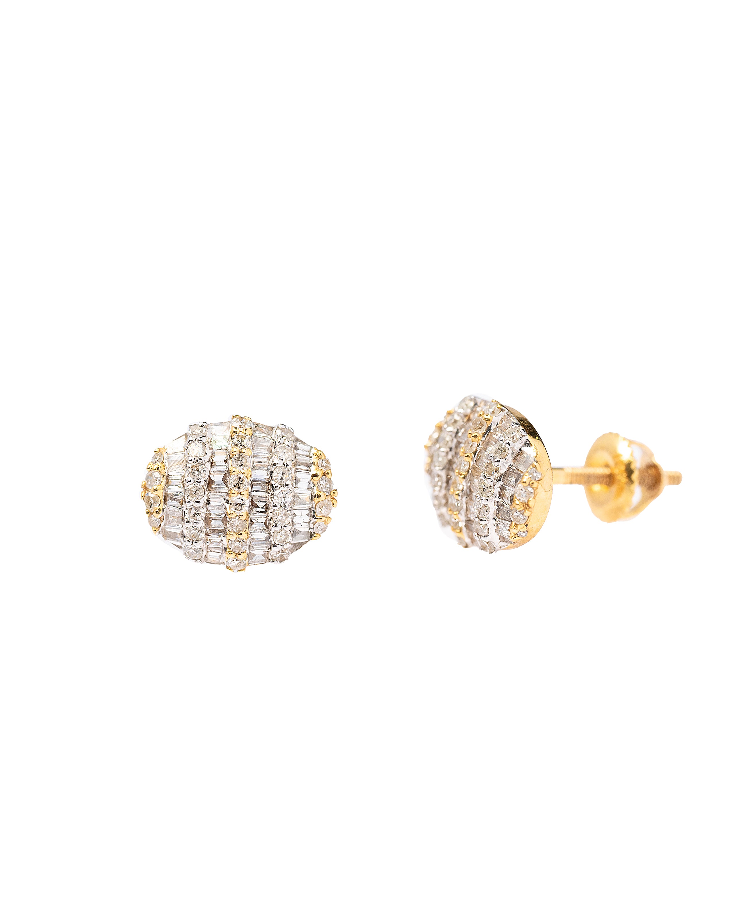 Pair of gold and crystal earrings on a white background