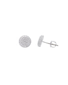 Silver round stud earrings with sparkling details on a white background