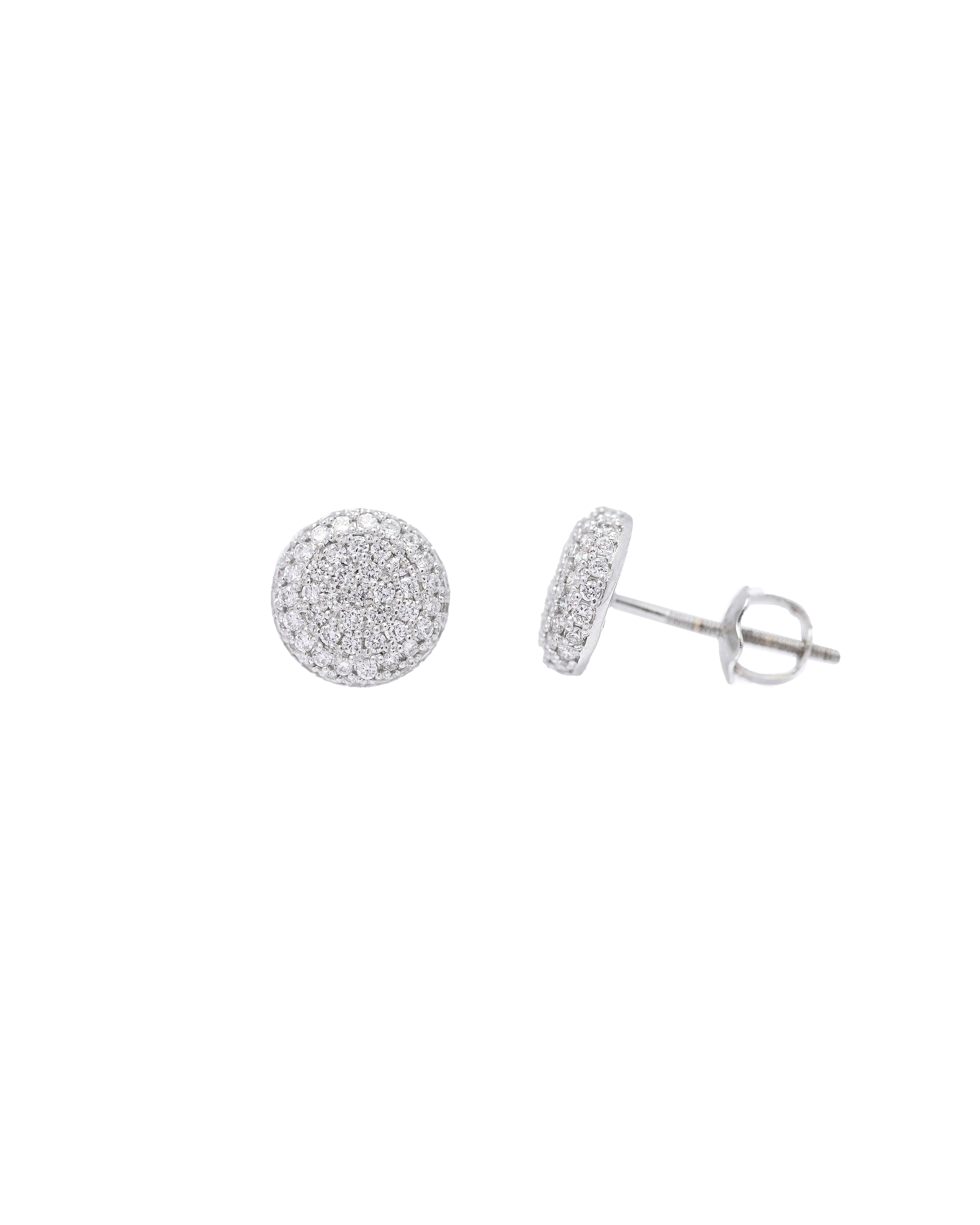 Silver round stud earrings with sparkling details on a white background