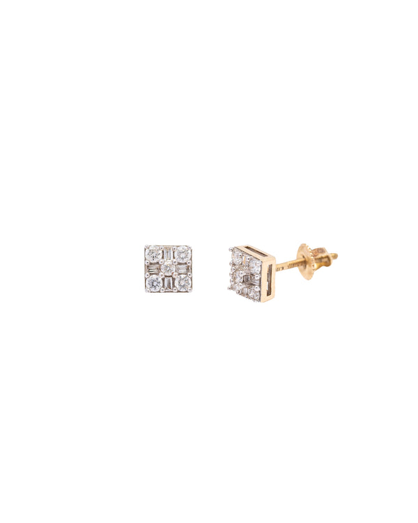 14K Gold Square Cluster Diamond Earrings
