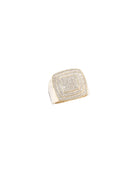 Gold ring with diamond accents on a white background