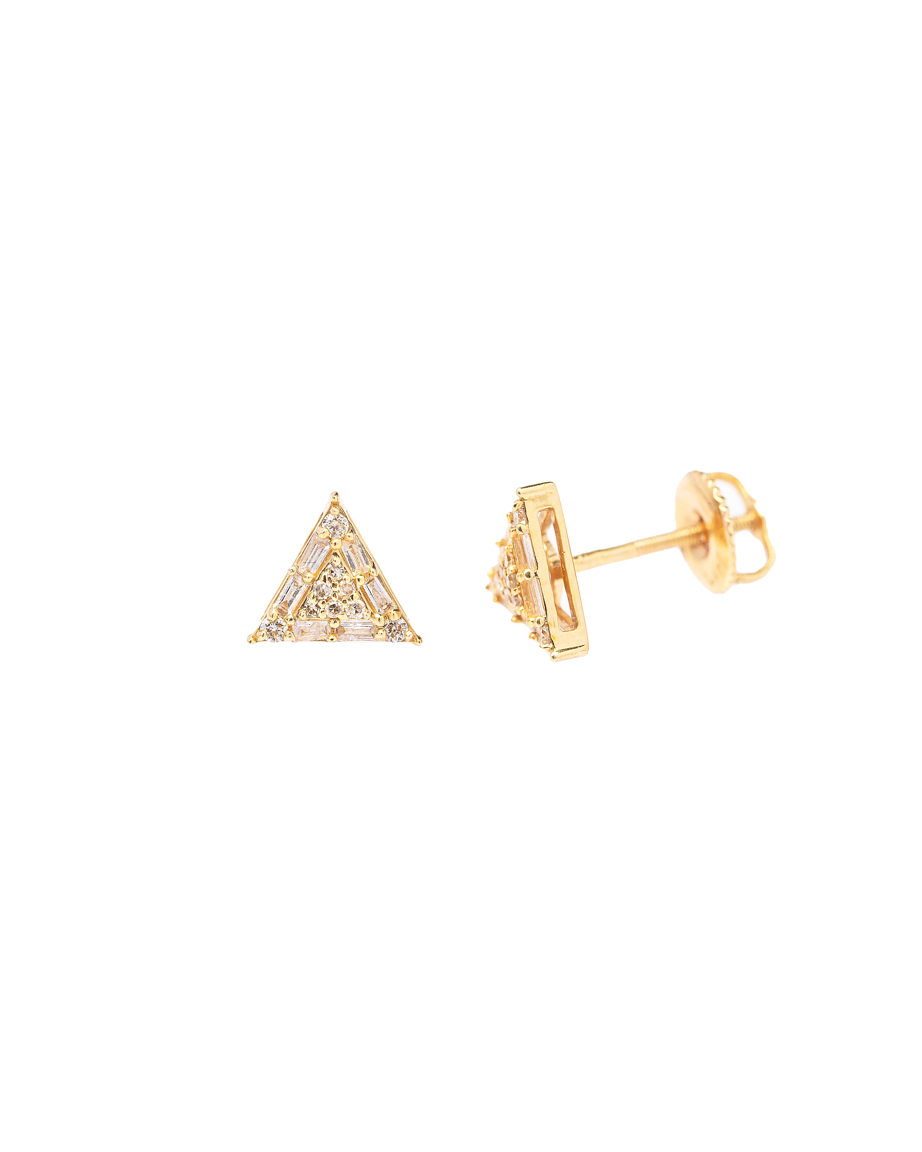 Gold triangle stud earring on a white background