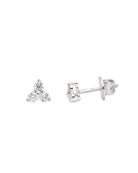 Pair of silver earrings with clear gemstones on a white background