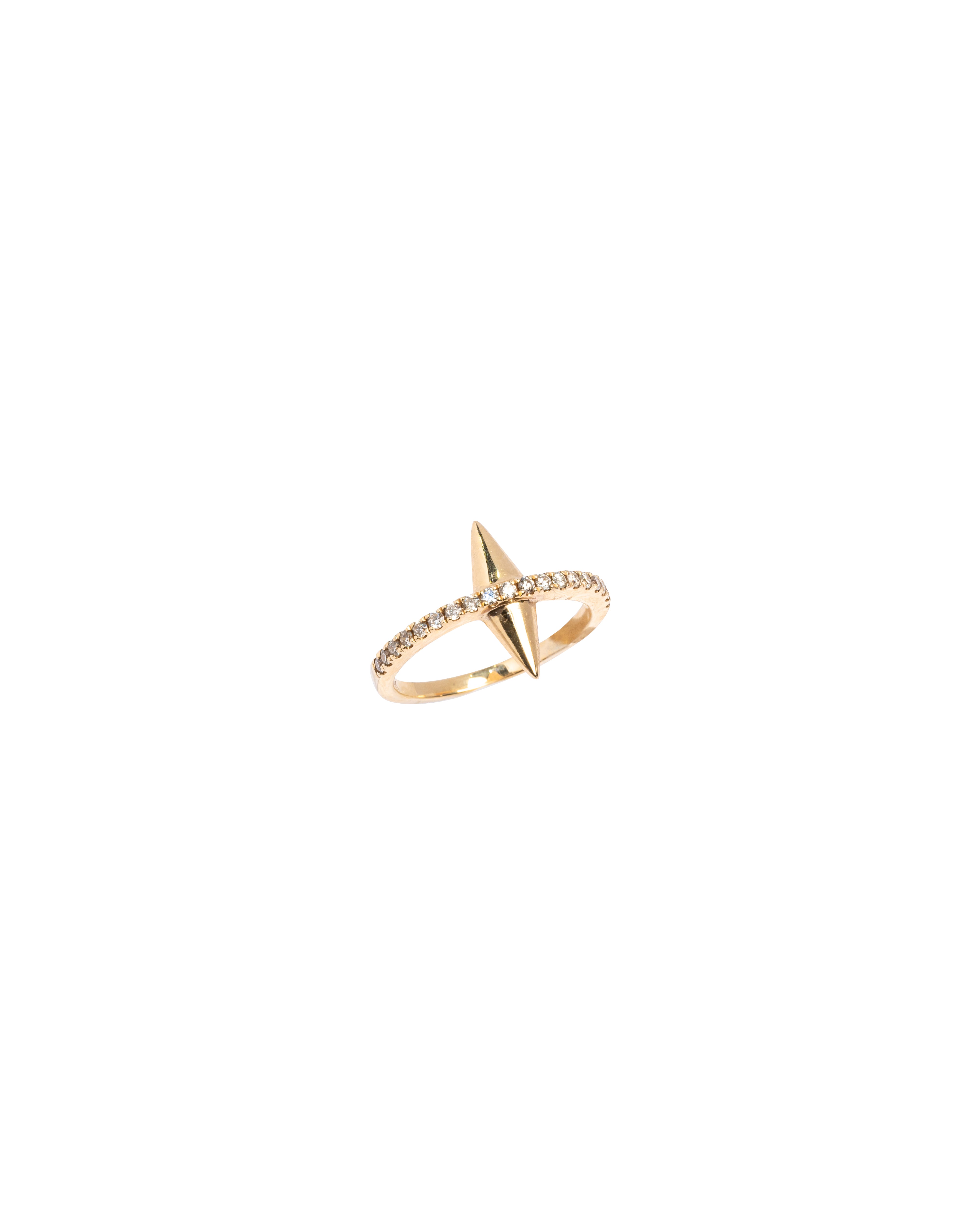 Gold ring with a triangular design on a white background