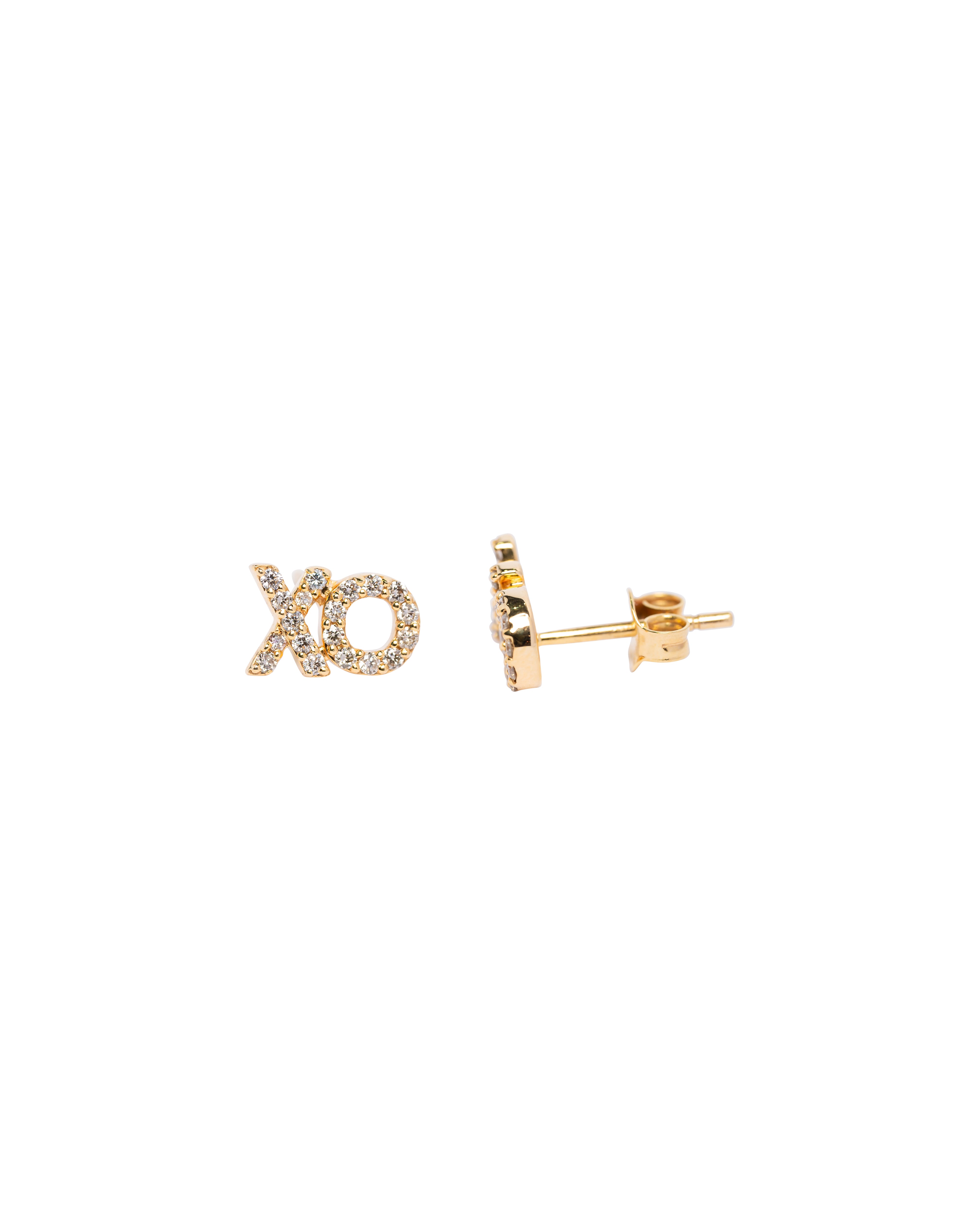 Gold 'XO' earrings on a white background