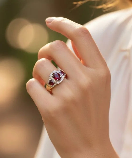 Hand wearing a ring with red gemstones against a blurred background