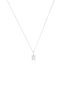 Silver necklace with a square pendant on a white background