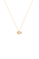 Gold necklace with a small, round, textured pendant on a white background