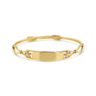 A 14k yellow gold baby bracelet with an engraved plate and floral design accents.