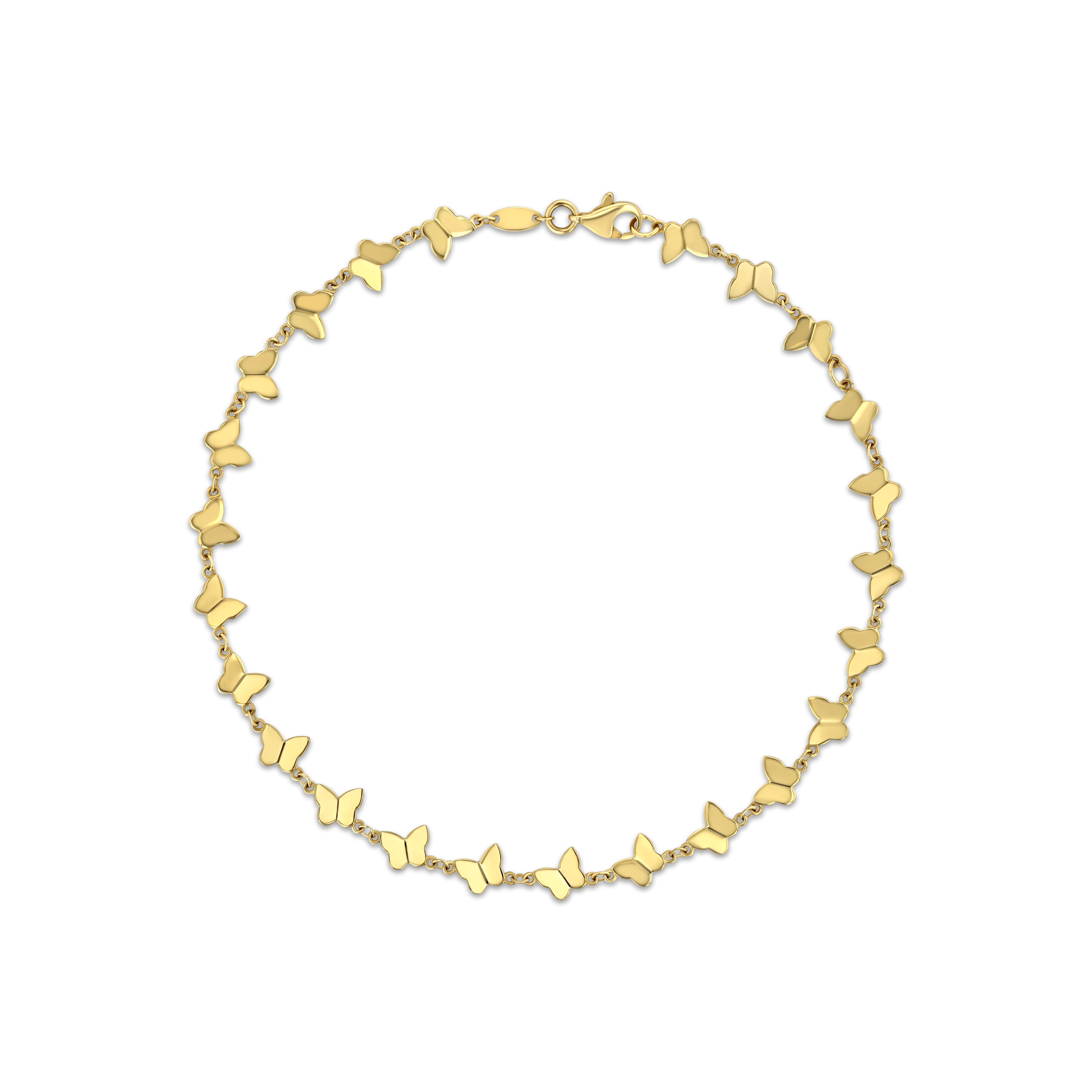 A gold anklet featuring a series of small, individual butterfly shapes joined together, displayed against a white background.