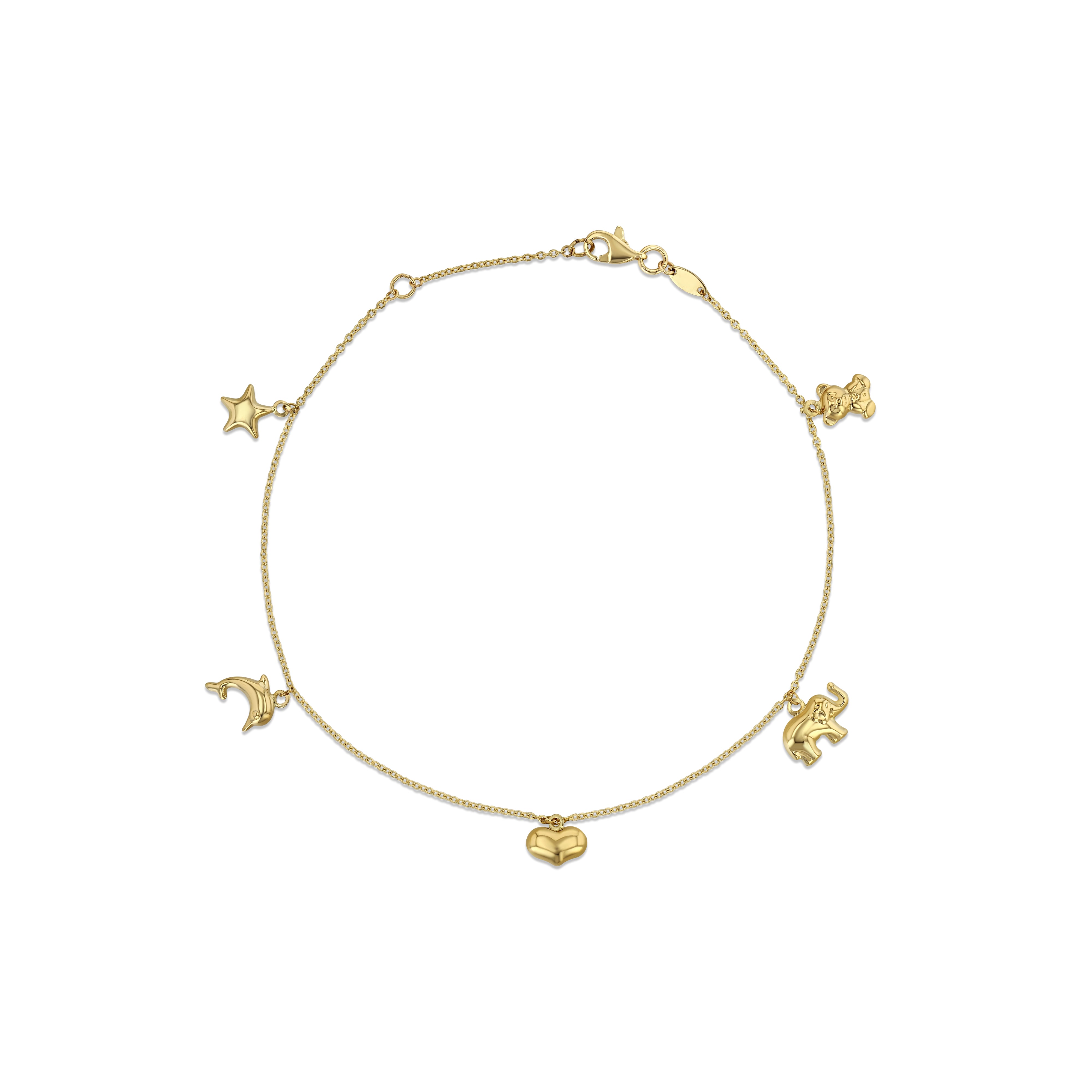 A 14k yellow gold charm anklet with various charms including a heart and a star, displayed against a white background