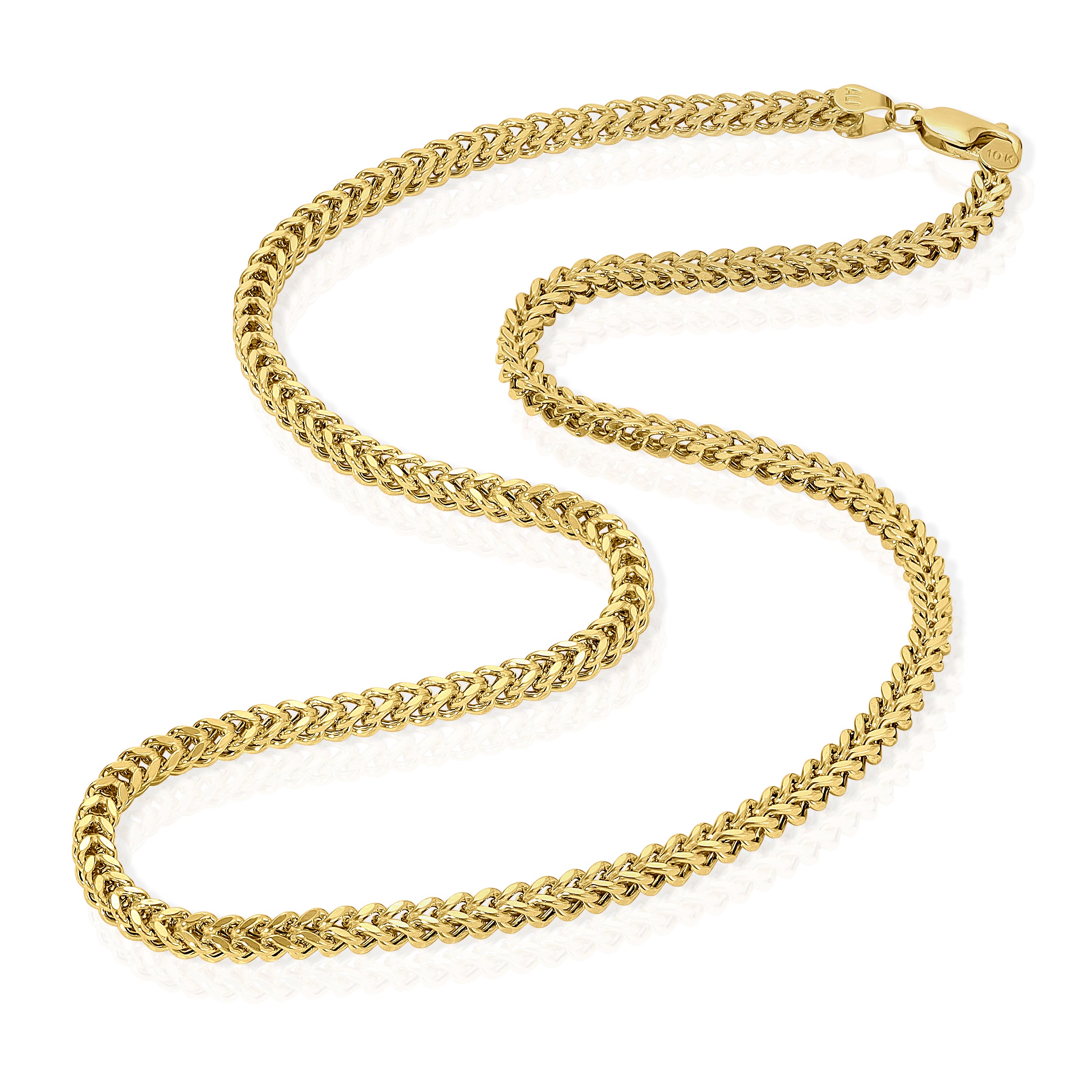 A 14k yellow gold hollow Franco chain necklace with a lobster clasp, displayed on a white background.