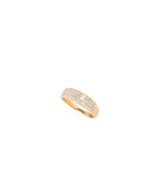Gold ring with embedded diamonds on a white background