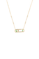 Gold necklace with a rectangular pendant on a white background