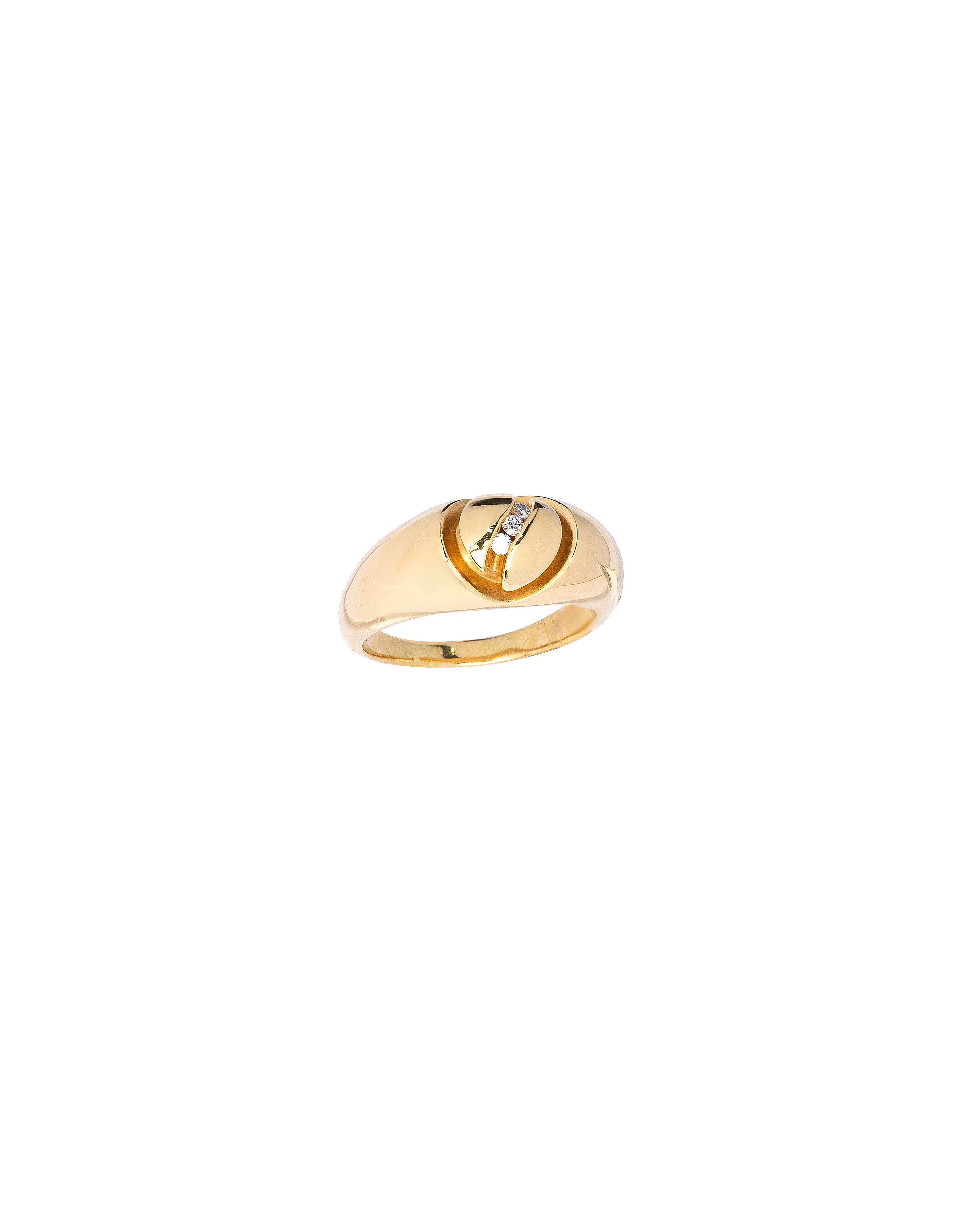 Gold ring with a small diamond on a white background