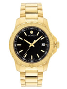 Gold Movado watch with black dial on a white background