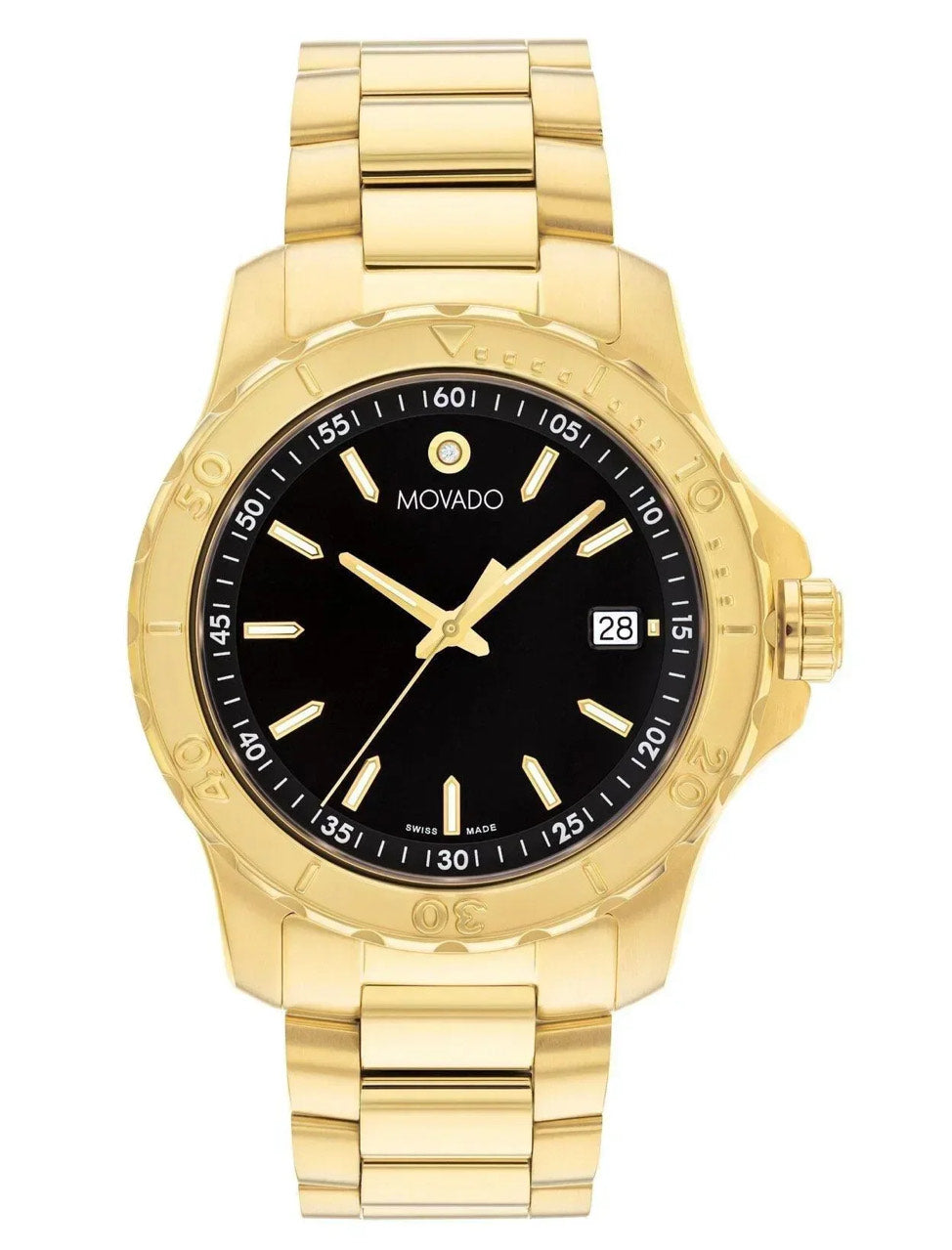 Gold Movado watch with black dial on a white background