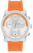 Wristwatch with orange strap and silver case on a white background