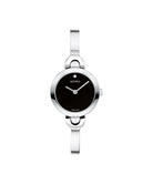 Silver watch with black dial on a white background