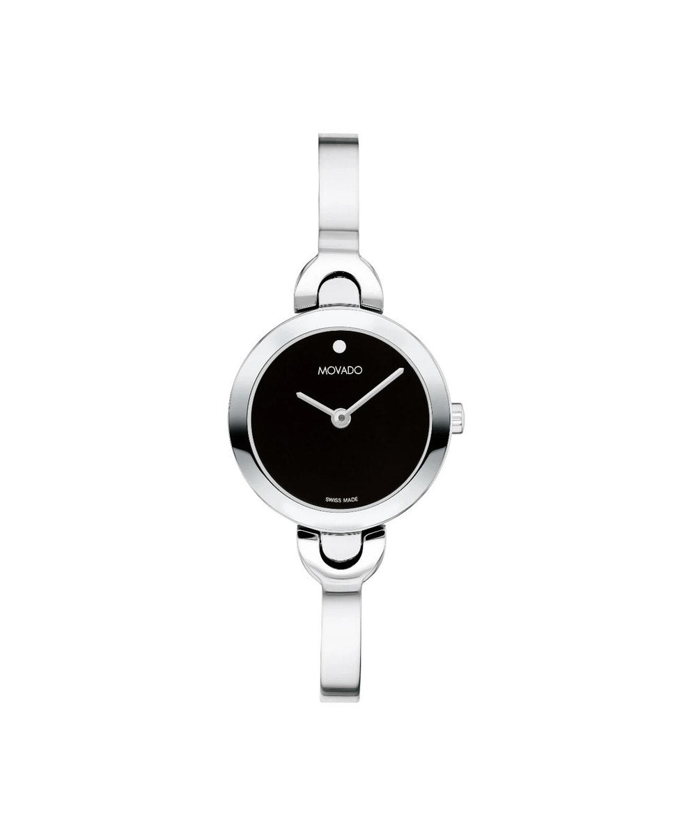 Silver watch with black dial on a white background