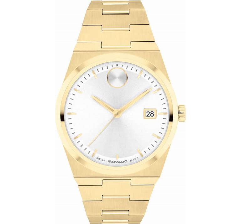 Gold wristwatch with a white face on a white background