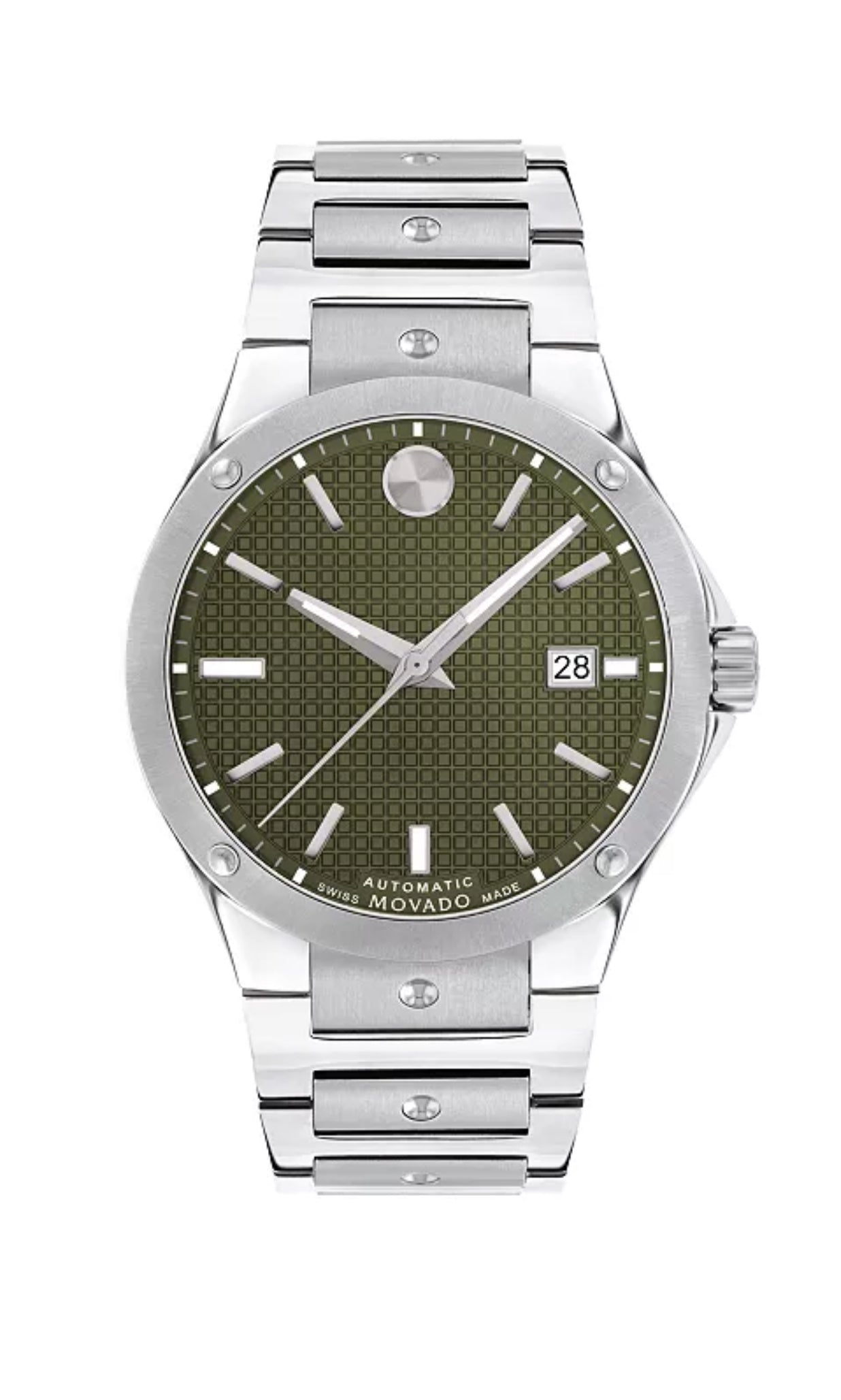 Silver watch with a green dial on a white background