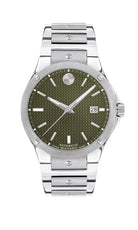 Silver watch with a green dial on a white background