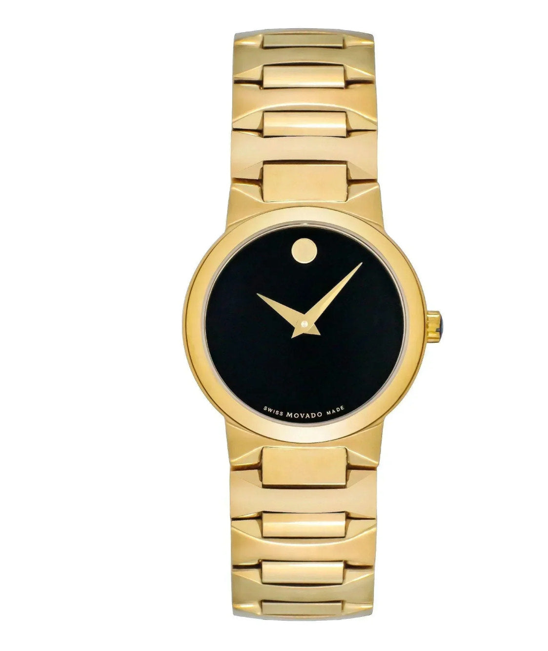 Gold wristwatch with black face on a white background