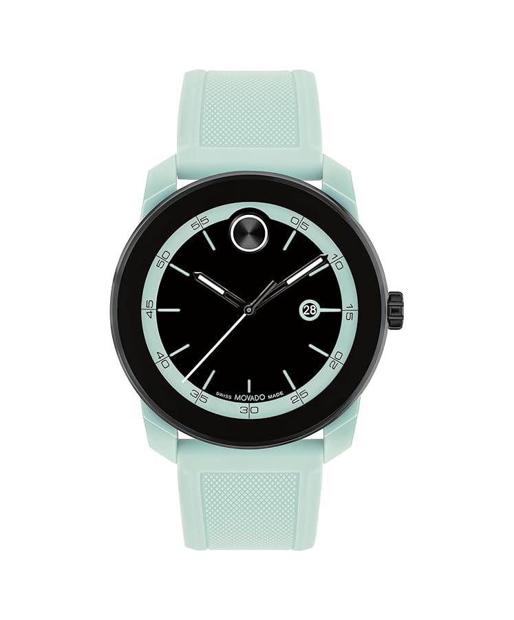 Watch with a light blue strap and black face on a white background