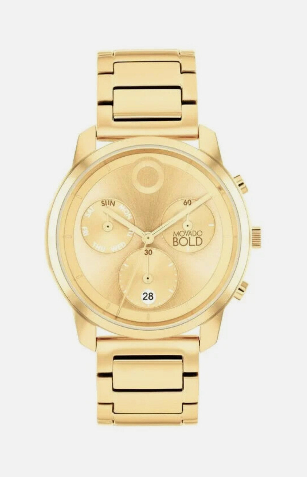 Gold watch with a detailed face on a white background