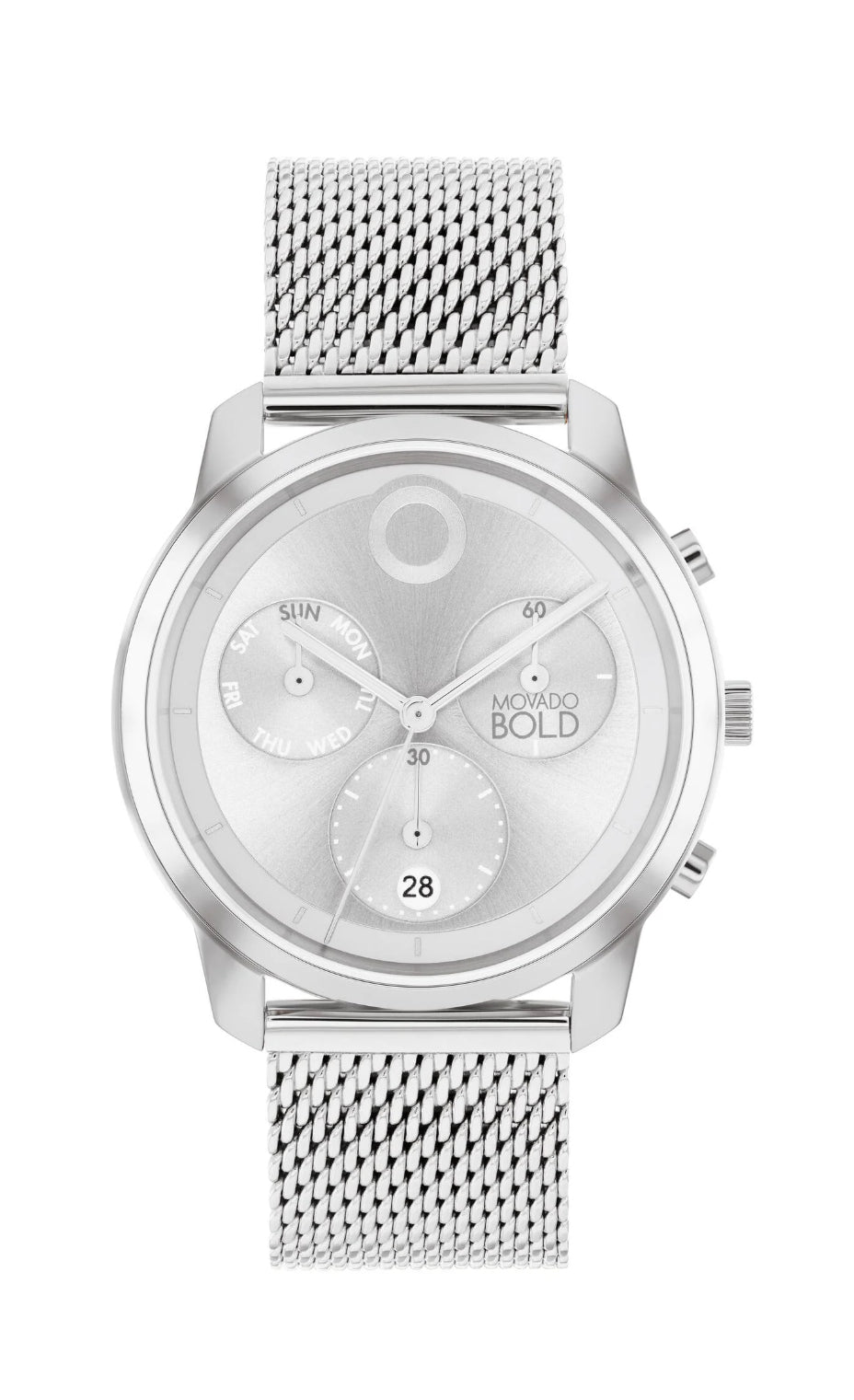 Silver watch with mesh band on a white background