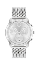 Silver watch with mesh band on a white background