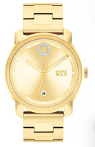 Gold watch with 'Movado Bold' branding on a white background
