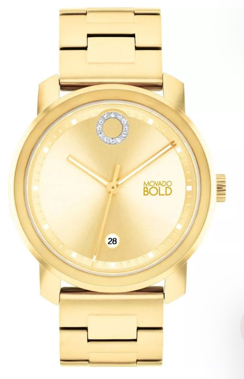 Gold watch with 'Movado Bold' branding on a white background