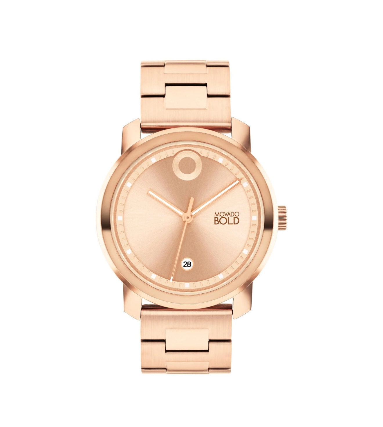 Rose gold watch with a white background