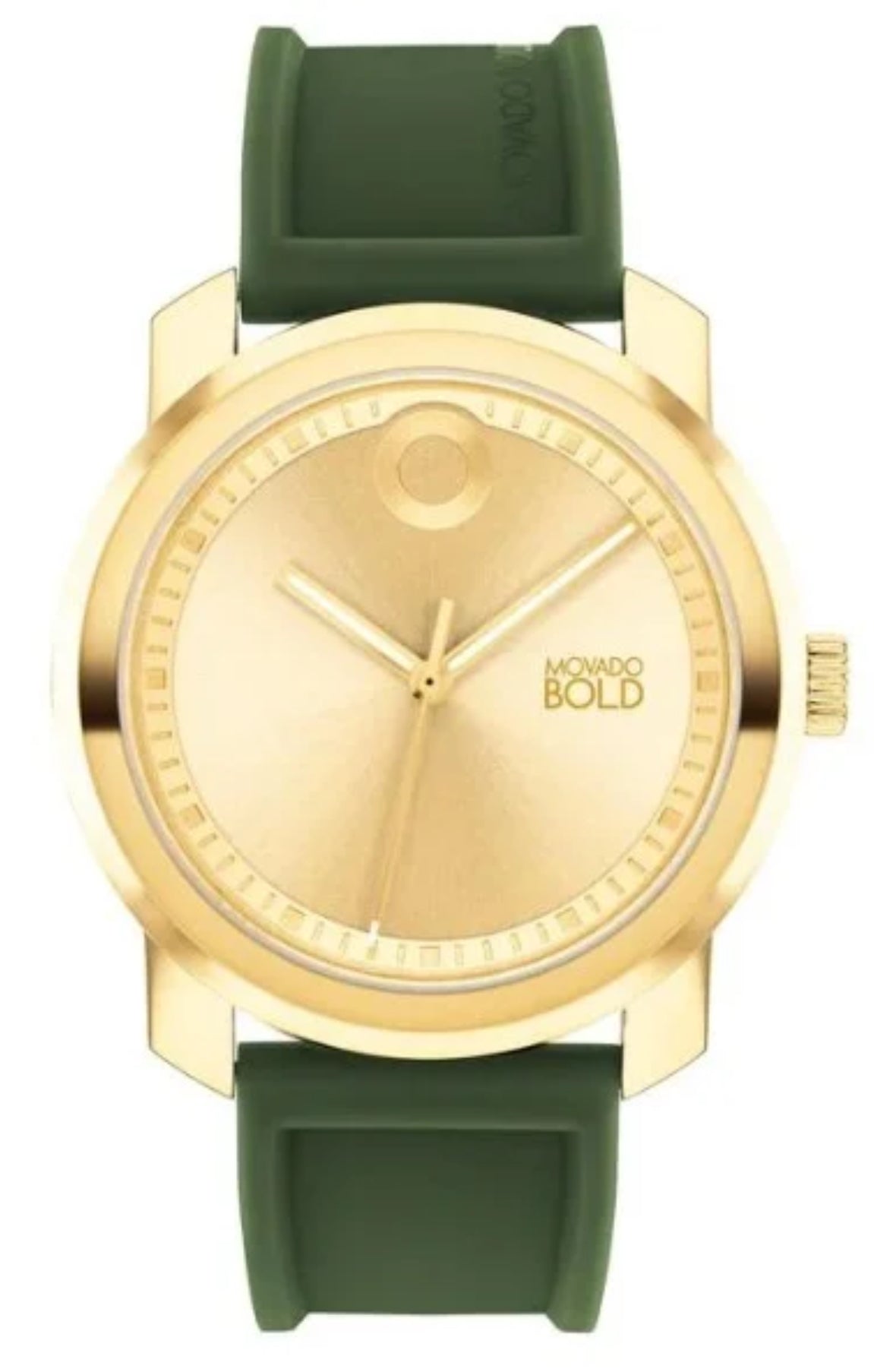 Gold watch with green strap on a white background