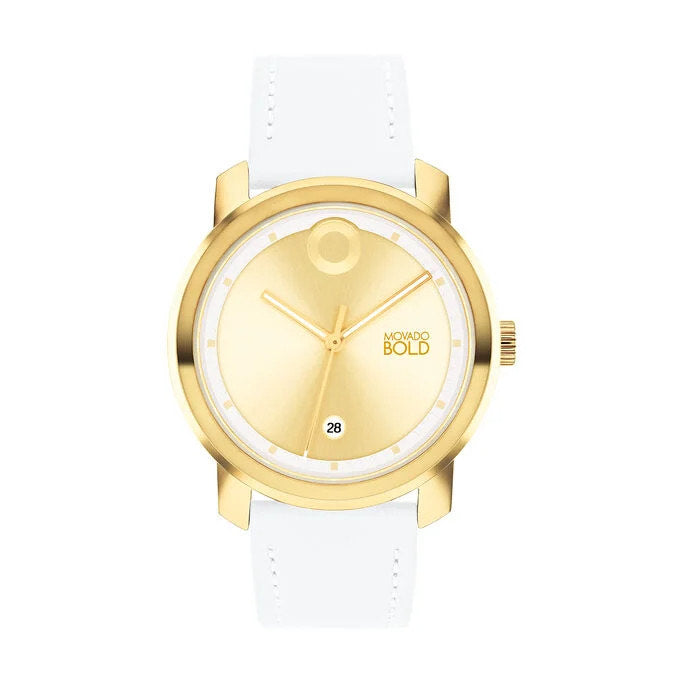 Gold watch with white strap on a white background