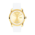Gold watch with white strap on a white background
