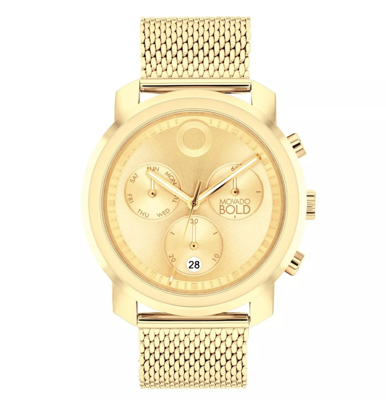 Gold watch with mesh band on a white background