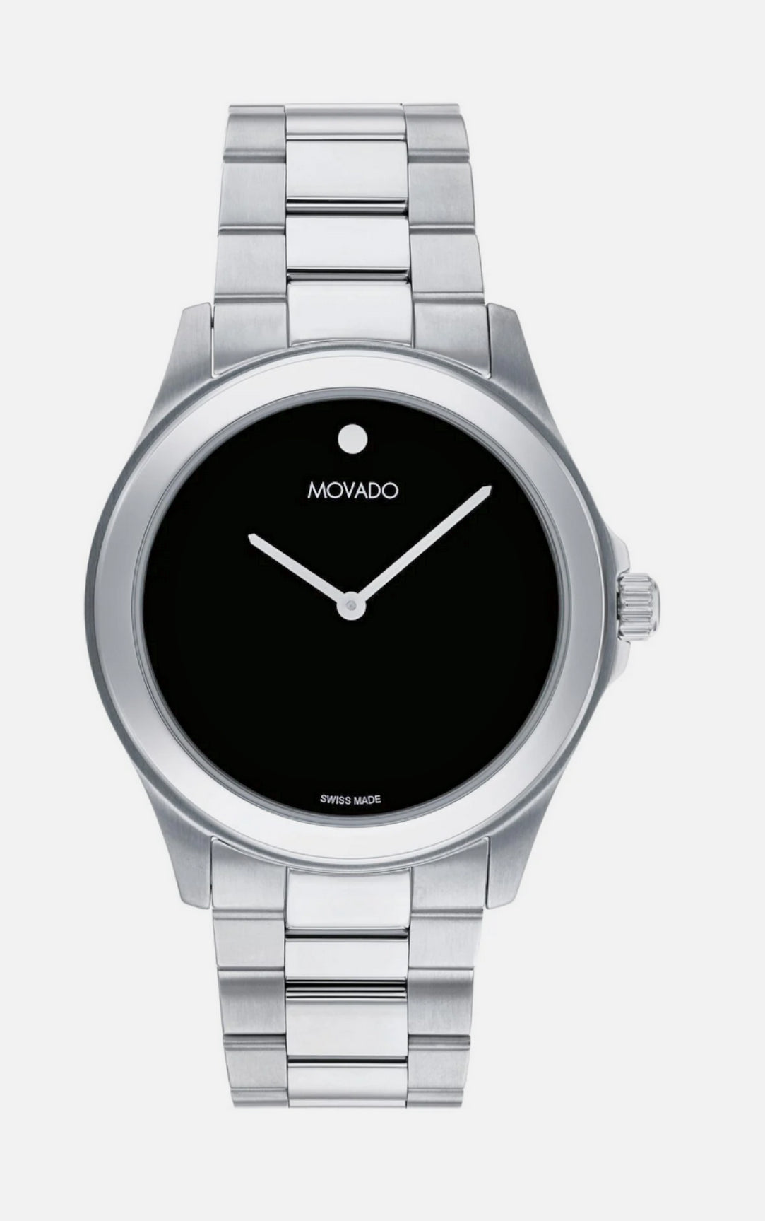 Silver Movado watch with black face on a white background