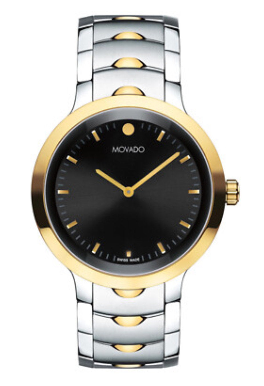 Movado watch with gold and silver band on a white background