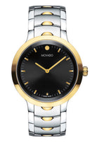 Movado watch with gold and silver band on a white background
